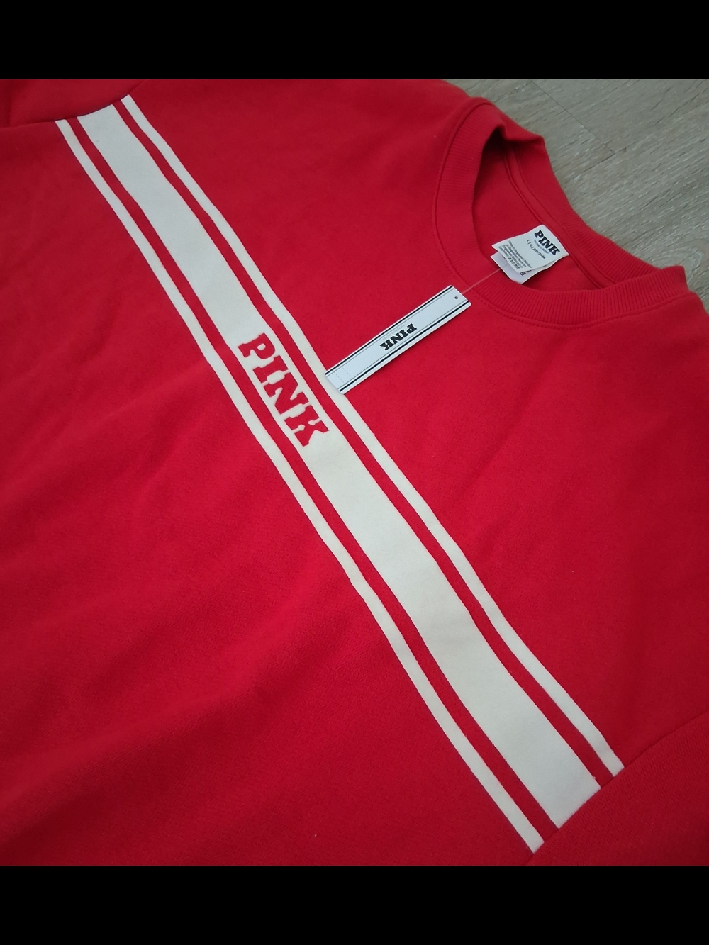 PINK Red Sweatshirt with Cream Stripe Detail - Picture 6 of 7
